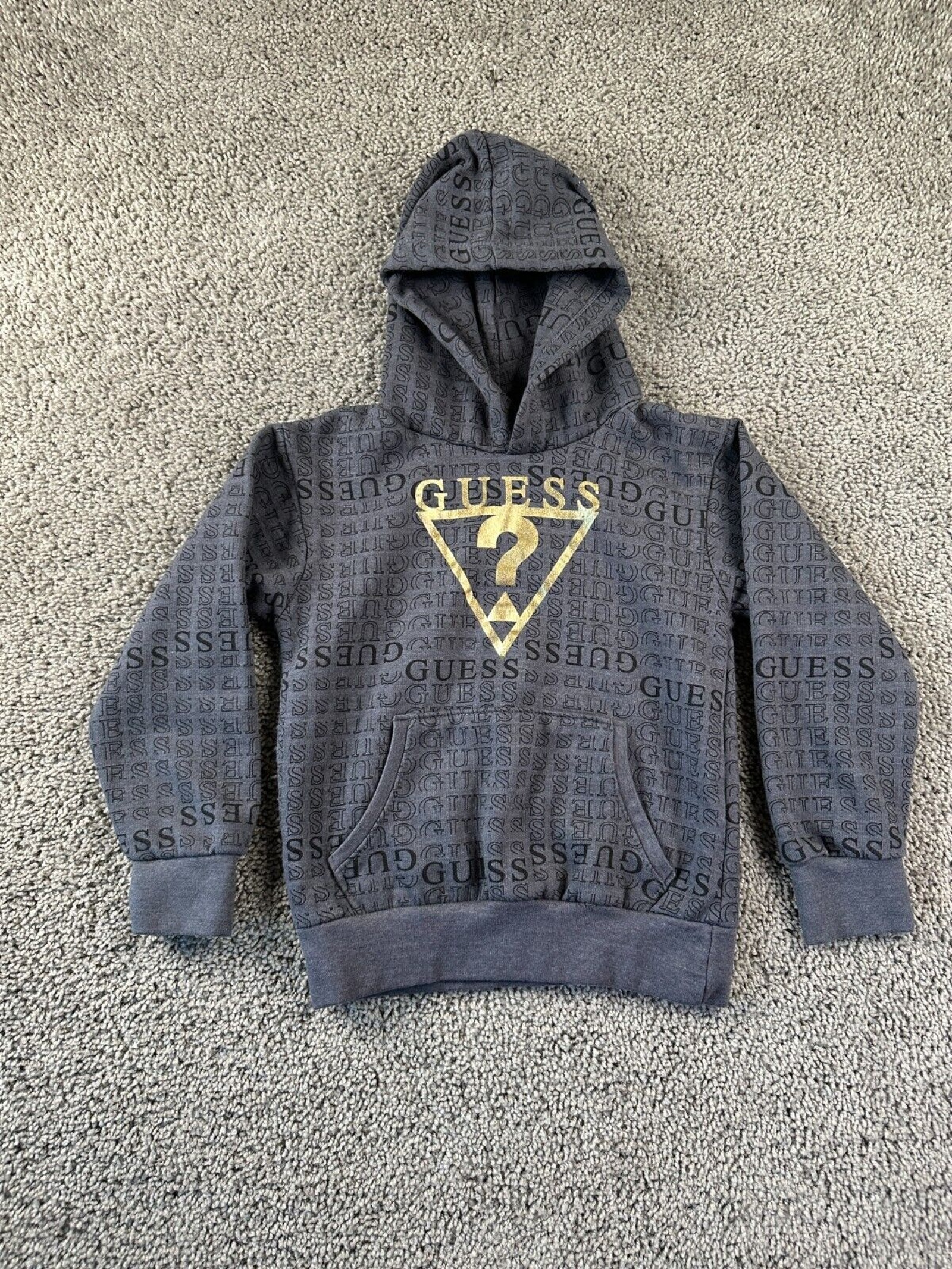 Guess Hoodie Boys 7 Gray Gold Logo Pullover Pockets Hooded Sweatshirt Kids